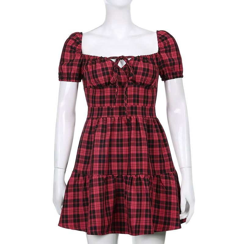 Women Aline Y2k Gothic Plaid Mini Dresses Grunge Punk Bandage Skinny Emo Party Dress Short Sleeve Summer Streetwear