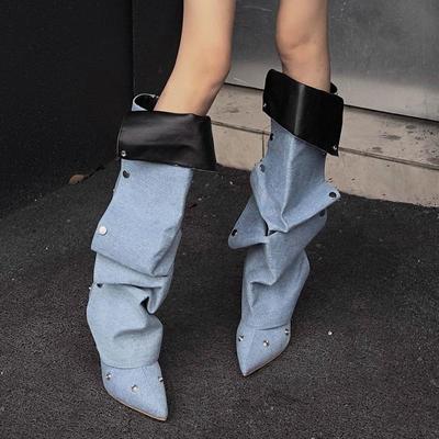 Fashion Sexy Pointed Toe High Heel Denim Y2K Long Boots Women 2025 Winter Punk Black Knee High Boots Metal Decoration Designer Shoes