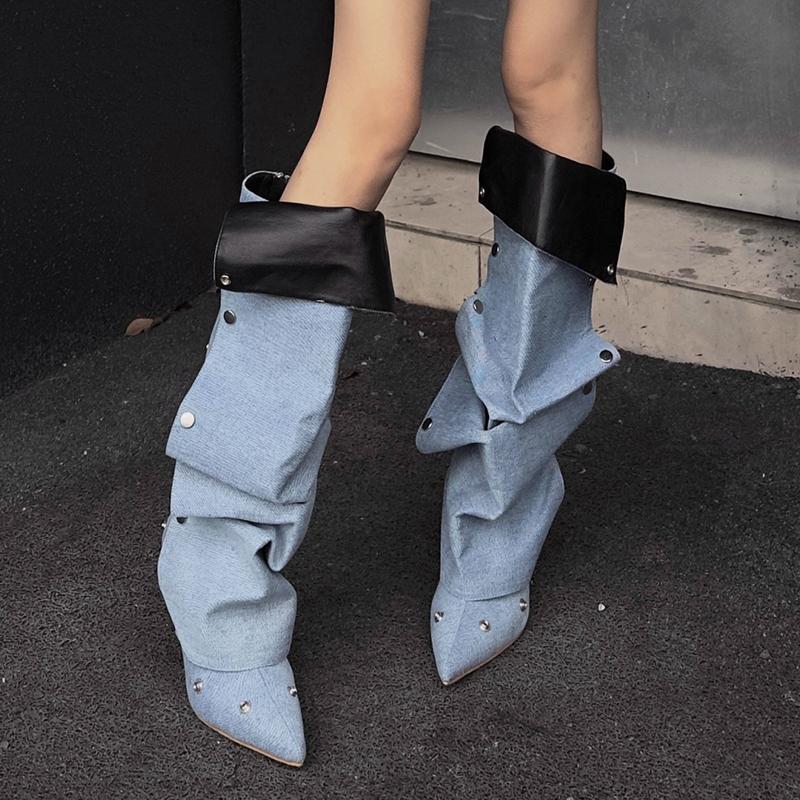 Fashion Sexy Pointed Toe High Heel Denim Y2K Long Boots Women 2025 Winter Punk Black Knee High Boots Metal Decoration Designer Shoes