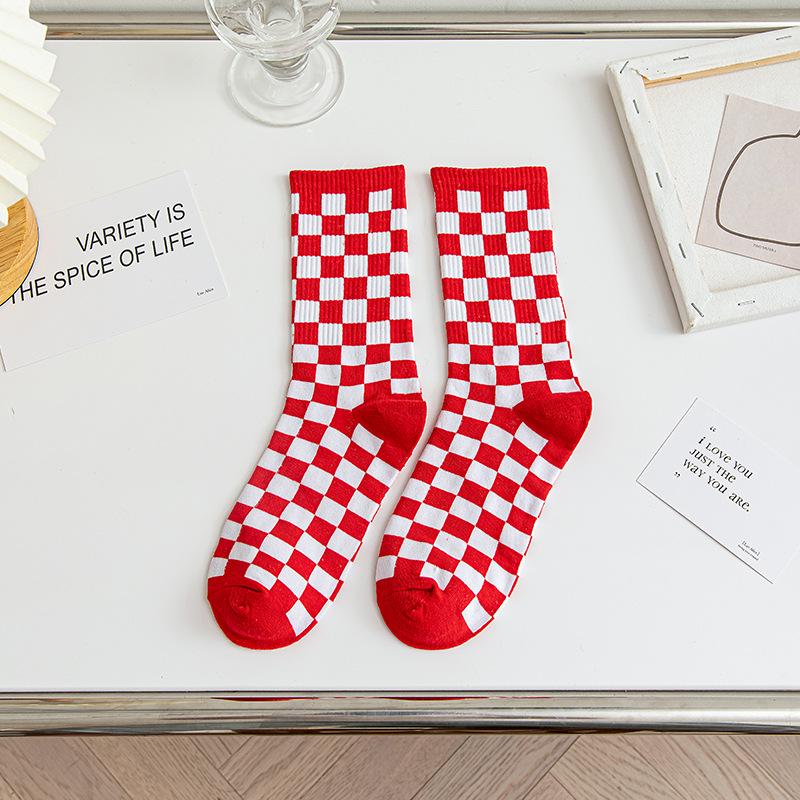 

Women s Autumn Winter Checkered Cotton Socks - Mid-Calf, Black & White, Unisex Trendy Style One Size