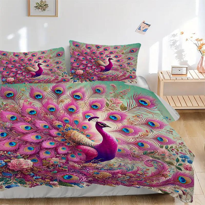 3pcs Pink Peacock with Open Tail Printed Quilt Set - Soft and Comfortable Quilt Cover for Bedroom, Guest Room and Dormitory Decorative Bedding Se