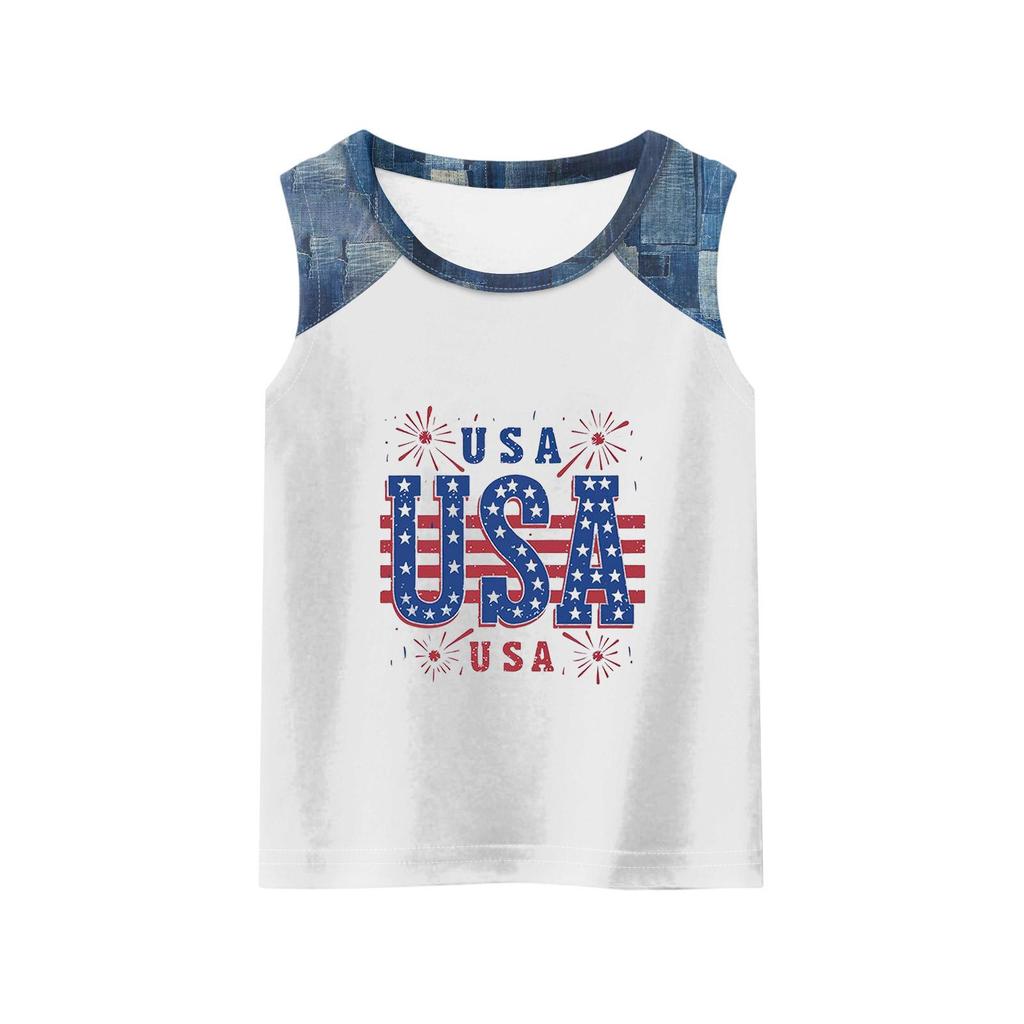 Girls Sleeveless Loose Fit Tank Top Independence Day Firework Print Round Neck Denim Patchwork T Shirt Summer Casual Tee