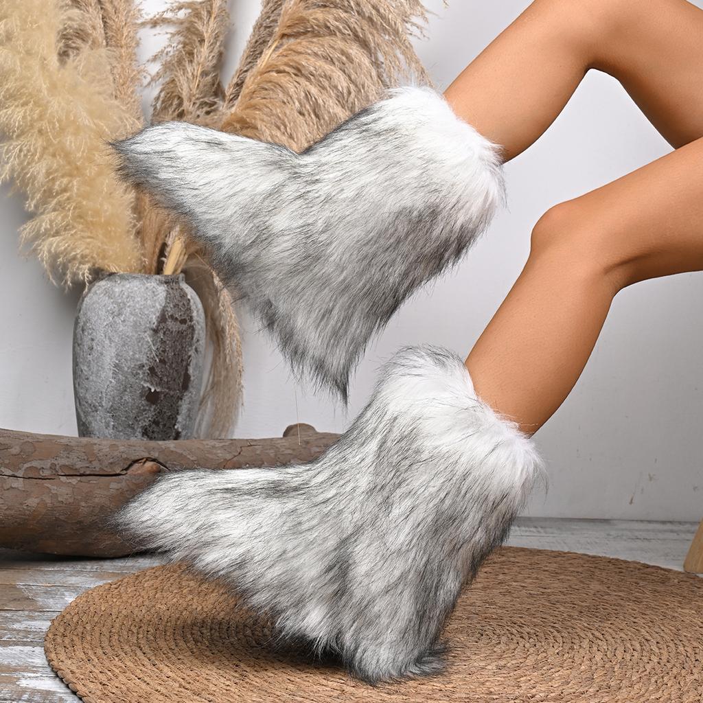 Fashion Faux Fur Boots Women Winter Snow Boots Luxury Fluffy Fuzzy Short Botas Warm Cozy Mid-Calf Botas Mujer Cross Belt Buckle PlusSize