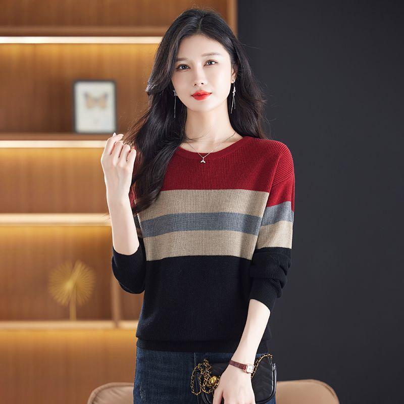 

Женский трикотажный свитер с низким круглым вырезом, в полоску, с цветными блоками, свободный пуловер большого размера, осенне-зимний топ 2XL красный