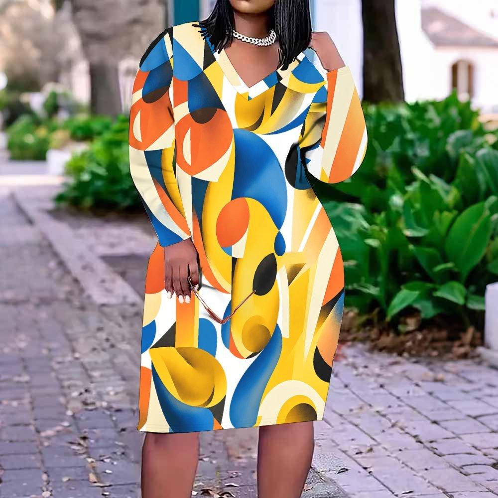 Women Plus Size V Neck Long Sleeve Printed Striped Dress With Pockets