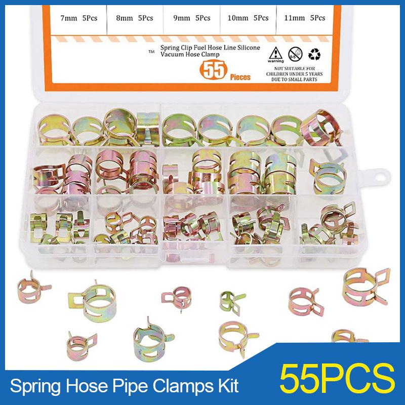 55PCS/Set 7-17mm Spring Hose Pipe Clamps Zinc Plated Pipe Hoop Clamp Low Pressure Air Clip Clamps Fasteners Assortment Kit