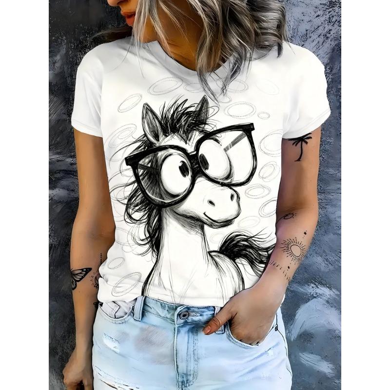 European sizes Women's 100% Polyester Cute Cartoon Pony with Glasses T-Shirt - Casual Short Sleeve Round Neck Blouse