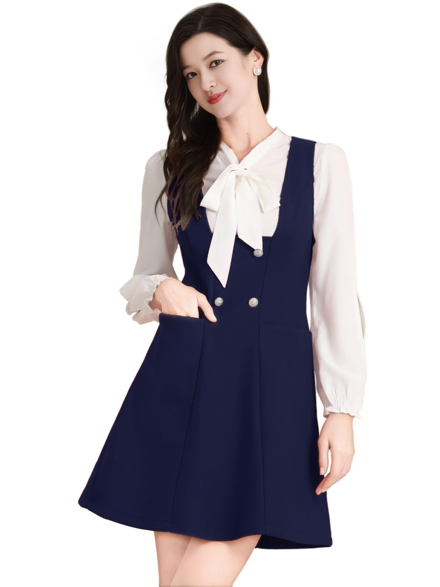 

Allegra K Suspender Dress, A-Line Overalls Dress, Double-Breasted, Women s, Deep Blue, XL