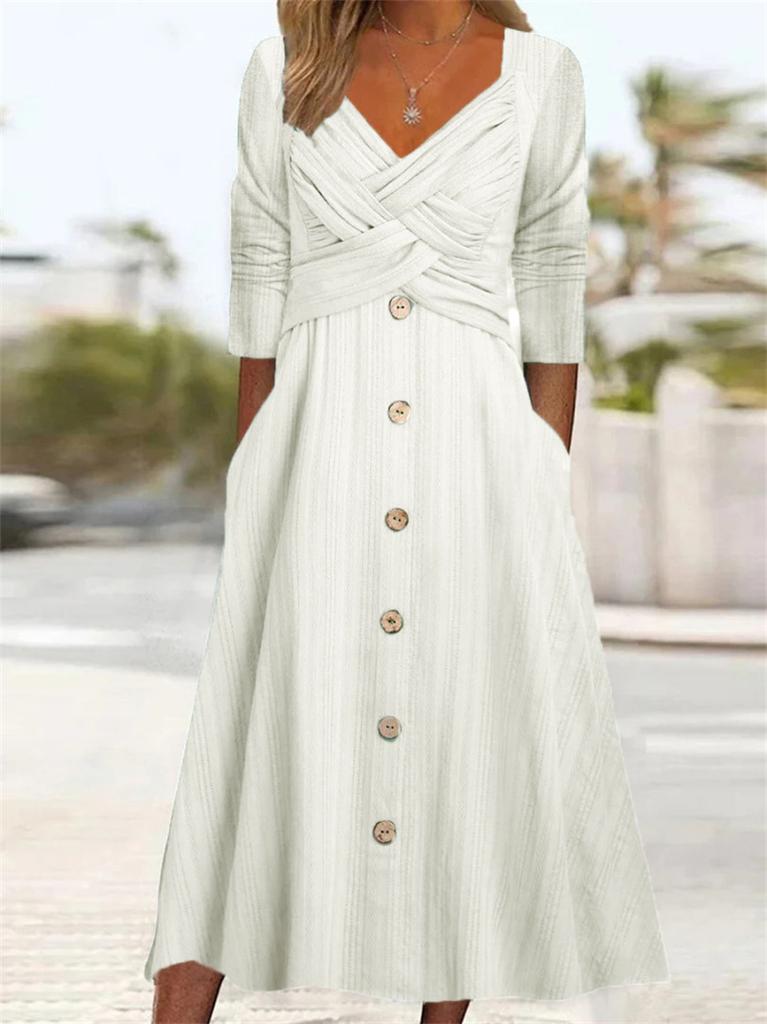 Damen V-Ausschnitt Langarm Midi Kleid Schlanke Passform Hohe Taille Lässiges Tageskleid 2026 Herbst Uni Strick Wickeloptik Knopfleiste A-Linien-Kleid