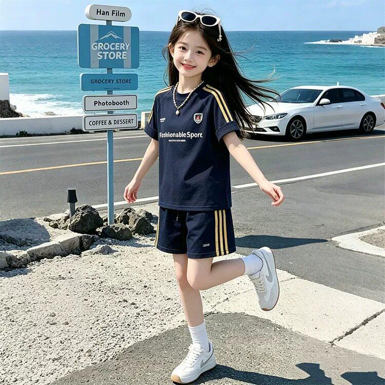 Korean Style Girls' Casual Summer Sportswear Set: Short Sleeve Top & Shorts