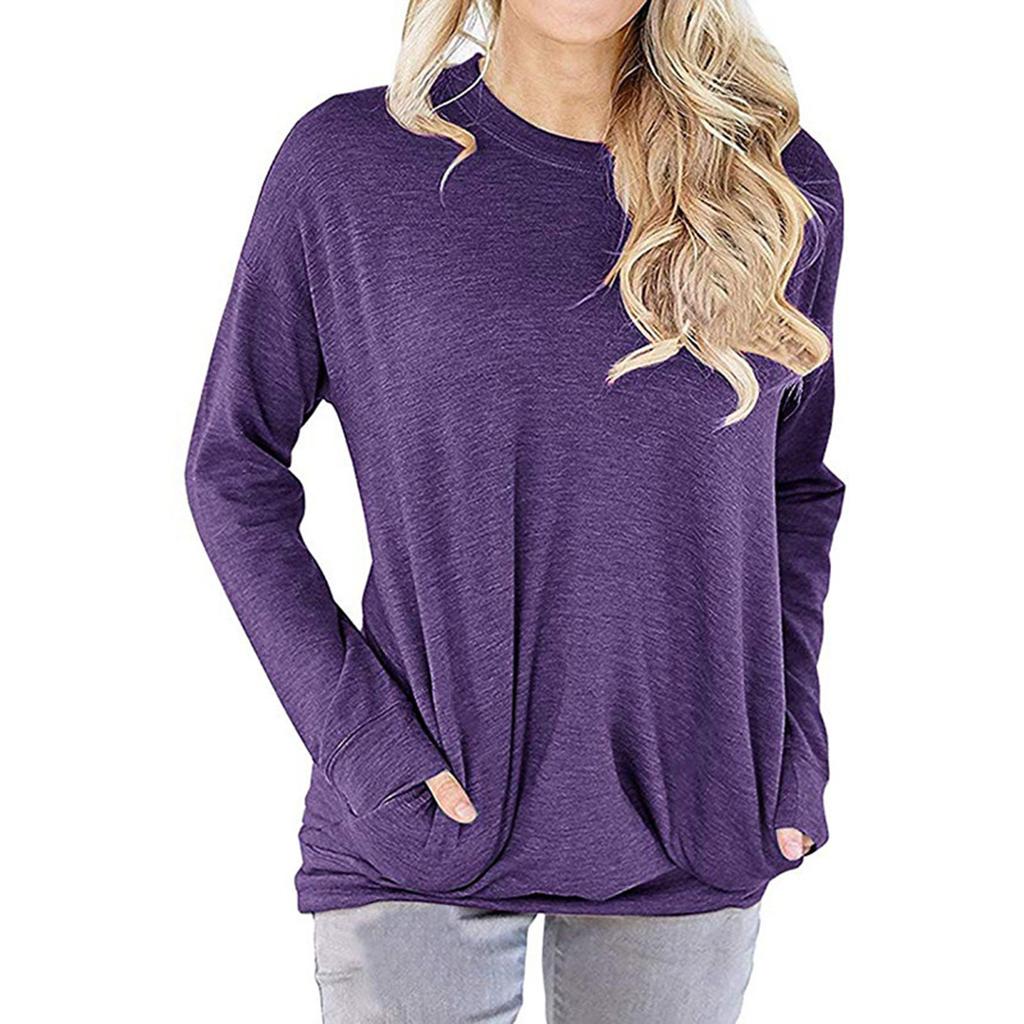 Women's Fashion Color Loose Round Neck Long-Sleeved T-Shirt Top