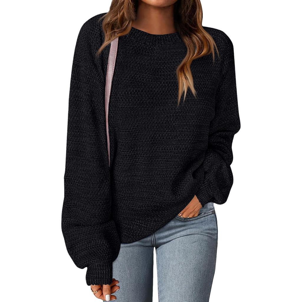 Women's Fashion Round Neck Pullover Sweater Casual Versatile Solid Color Knit Top