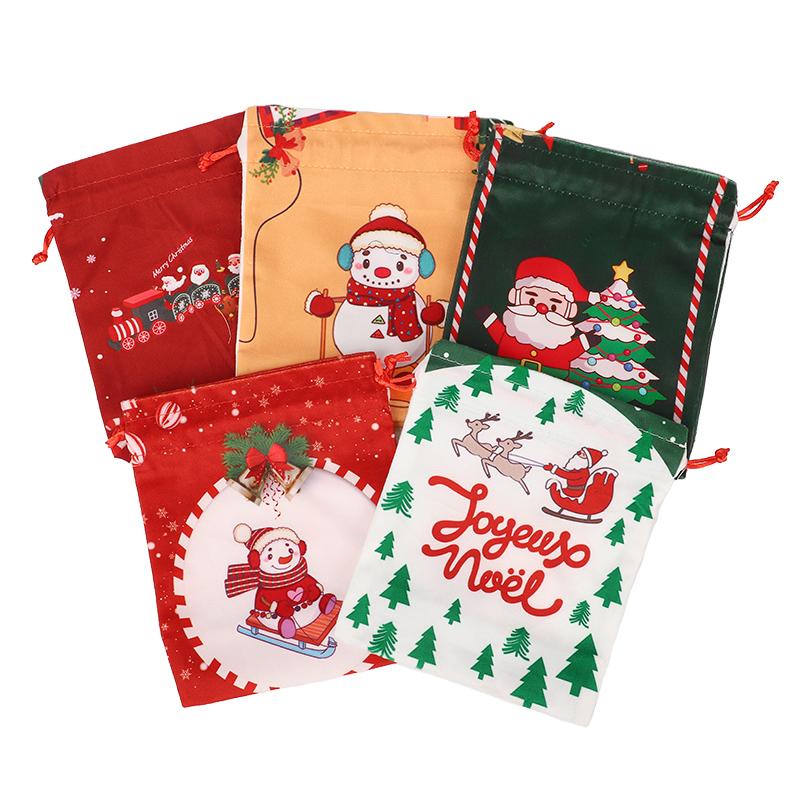 5pcs Christmas Drawstring Gift Bag Cartoon Candy Cookie Apple Wrap Bag Kids New Year Party Favors Supplies Christmas Decoration