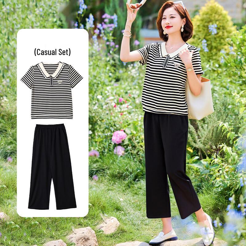 

QianLian Mom s Summer Striped T-shirt & Cropped Pants Casual Set 5XL