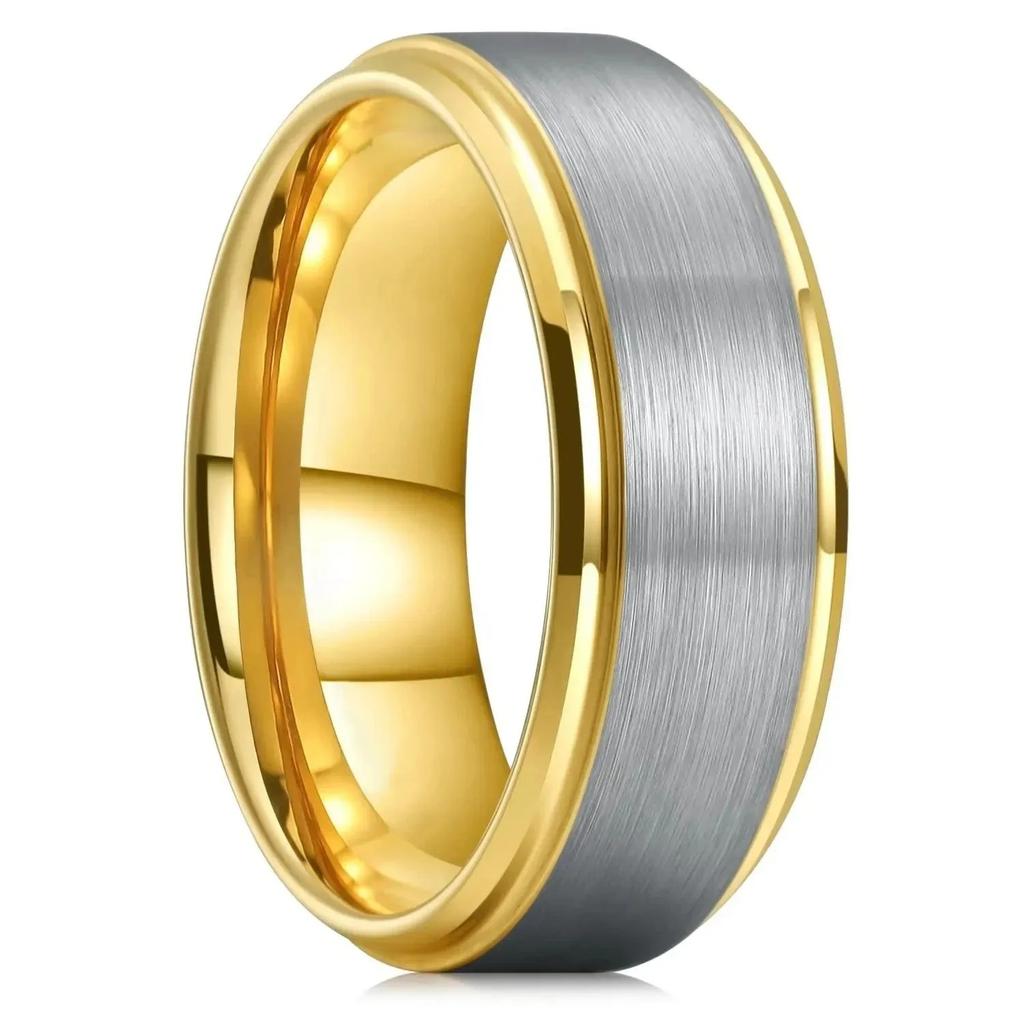 8mm Silver Color Brushed Stainless Steel Rings for Men Gold Color Step Edge Men Promise Rings Wedding Party Jewelry Gift