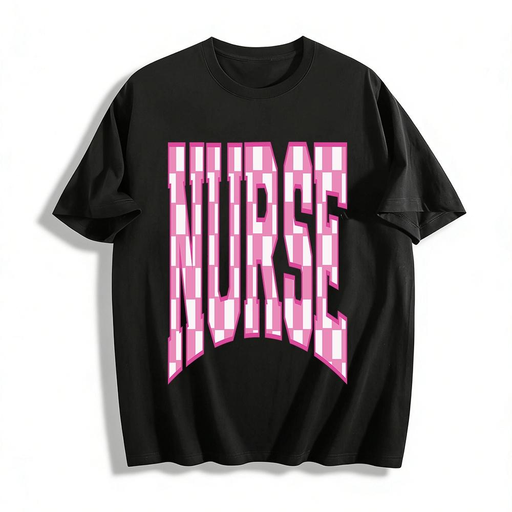 Pink Checkered NURSE Print Casual Nurse-Themed Top Pure cotton T-shirt XXS