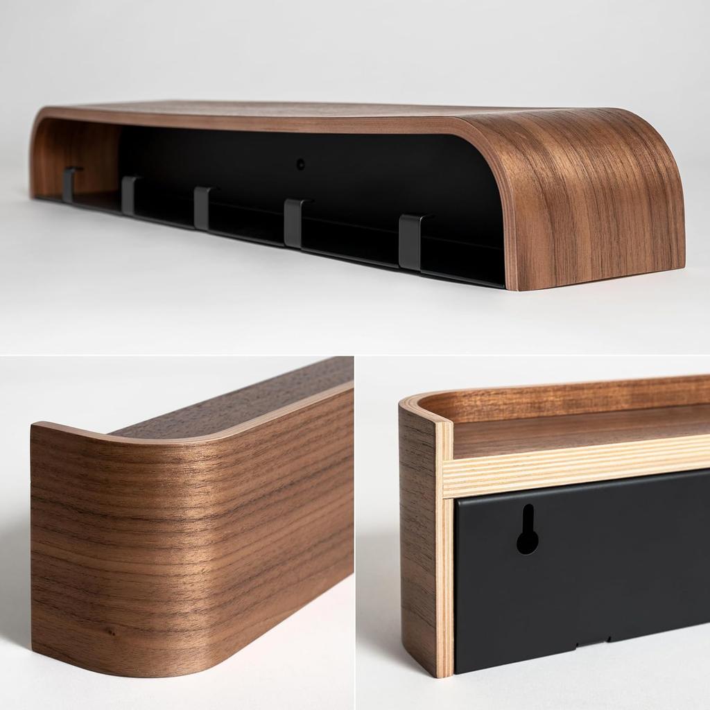 KAZAI.   Modern Design "Toke" Wall Mounted Coat Rack with Hidden Wall Hooks Coat Rack with Solid Wood Panel Walnut