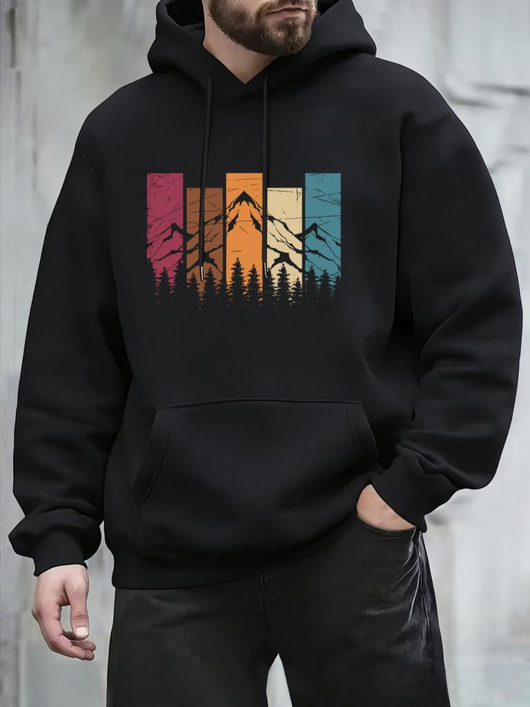 Soft fleece hoodie sweatshirt with colorful retro wilderness artwork for men daily wear and casual short‑trip outings