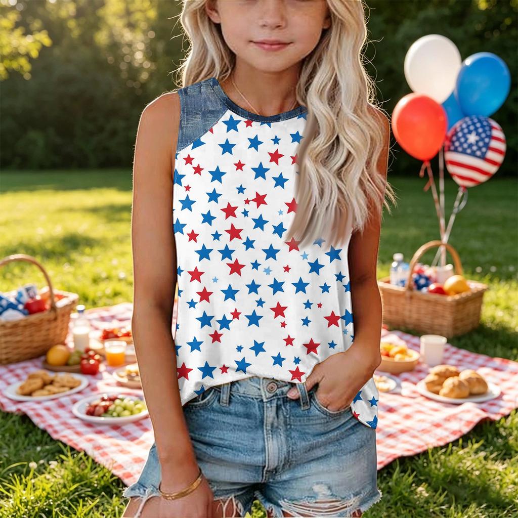 Sleeveless Loose Fit Tank Top Independence Day Star Print Denim Patch Round Neck T Shirt for Women Casual Summer Wear