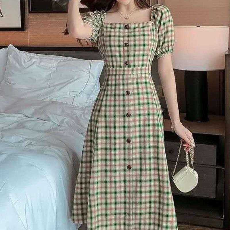 New Summer Square Collar Plaid Puff Sleeves Stylish Waist-hugging French Retro Over-knee Dress