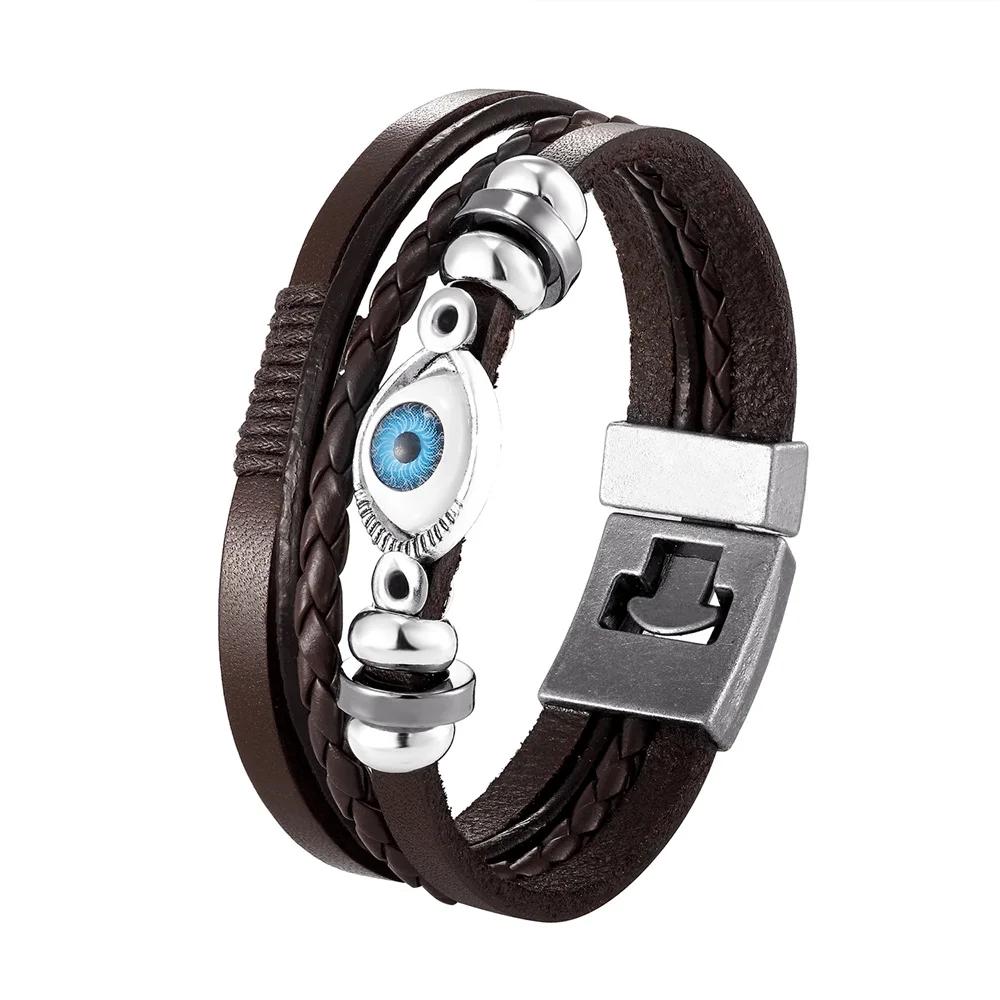 Pulseira Retrô Masculina Olho Grego Fecho Largo Tecida à Mão Pulseiras de Couro Multicamadas Bangles Joias de Luxo Presente