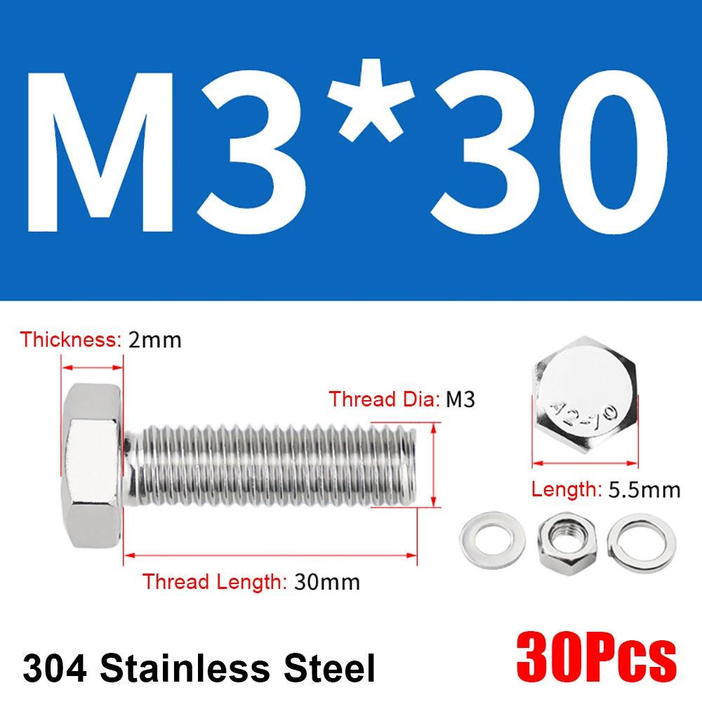 

30/50 шт. Шестигранні болти з плоскою головкою Гайки Зовнішня різьба Комбінований набір Гвинтові кріплення Шайба 30Pcs M3x30mm