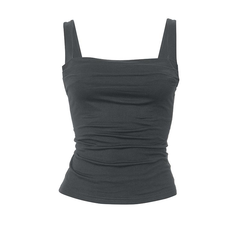 GMXIA Women's Spring Halter Slim Solid Color Patchwork Pleated Halter Vest T-shirt Top