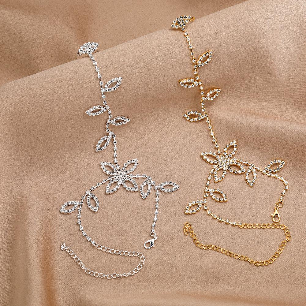Korean Style Women's Rhinestone Leaf Hand Chain Bracelet - Elegant High-End Design