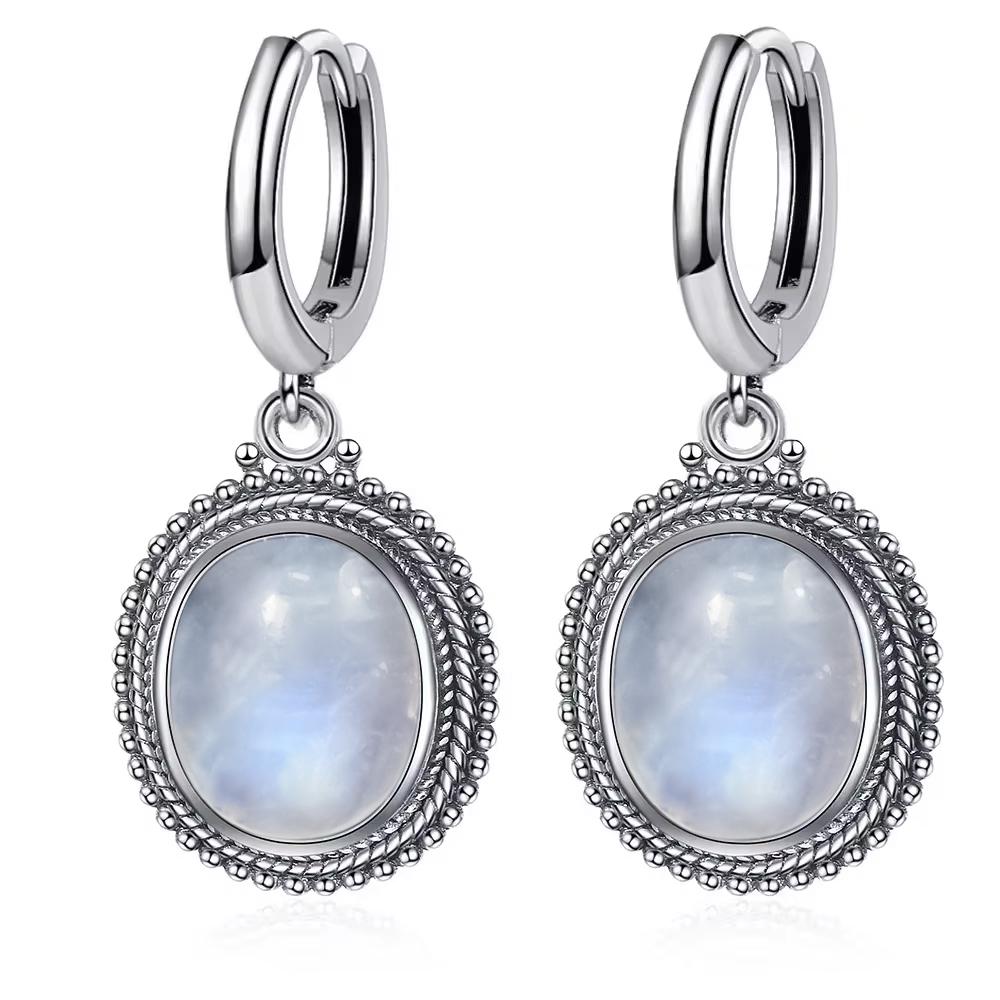 Vintage 925 Silver Natural Labradorite Earrings with Blue Light 10*12mm Big Stone Hoop Earrings Fine Jewelry for Women