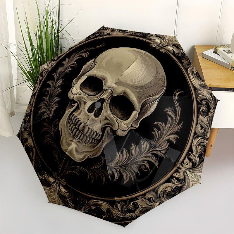 

Gothic Skull Decorative Plate & 3-Fold Compact Umbrella - Automatic Open, 8-Rib Sturdy Frame, Black & Golden Ornate Design - V (as the picture,iron&8K)