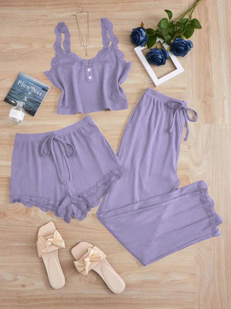 Beliebtes Damen-Spitzen-Pyjama-Set: Dreiteiler mit Shorts, langer Hose und Camisole – Sexy Homewear