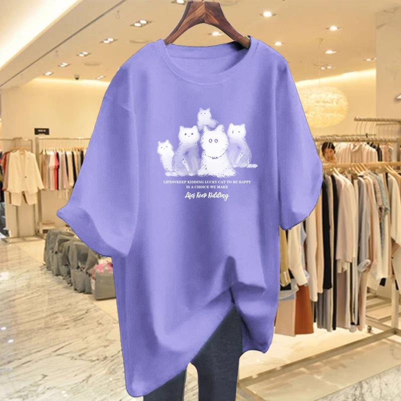 Women's Summer Cat Print Short Sleeve T-Shirt - Loose and Casual