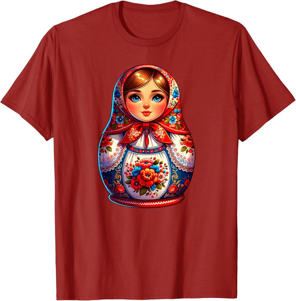 Matryoshka Doll Russian Folk Art Print Short Sleeve Graphic Tee Men Casual Breathable T-Shirt