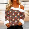 Women's Off-the-shoulder Plush Neck Printed Long-sleeved Pullover T-shirt Top