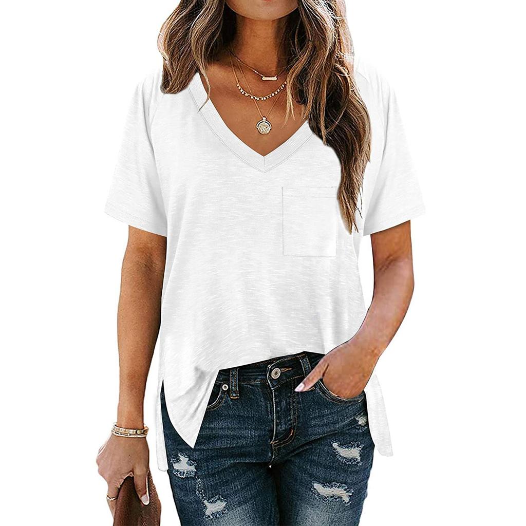 Women's Fashion Casual V-Neck Solid Color Flowy Loose Short-Sleeved T Shirt Top