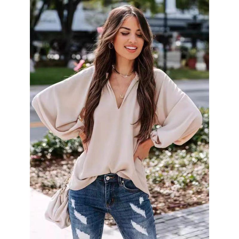 Fall Fashion New Arrival Plus Size Women's Clothing V Neck Solid Color Commute Ol Fashion Loose Raglan Long Sleeve Shirt Top Women