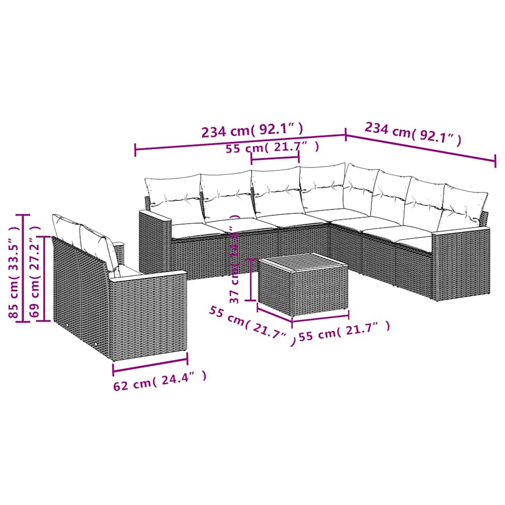 Vidaxl 10-Cz. Garden Lounge Set, Cushions Black Rattan Pe