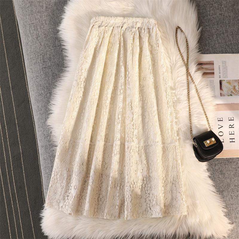 The Real Shot 2025 Spring New Lace A-shaped Skirt Covers the Meat and Looks Thin and Elastic Waist Medium and Long Temperament Skirt Women's Clothing