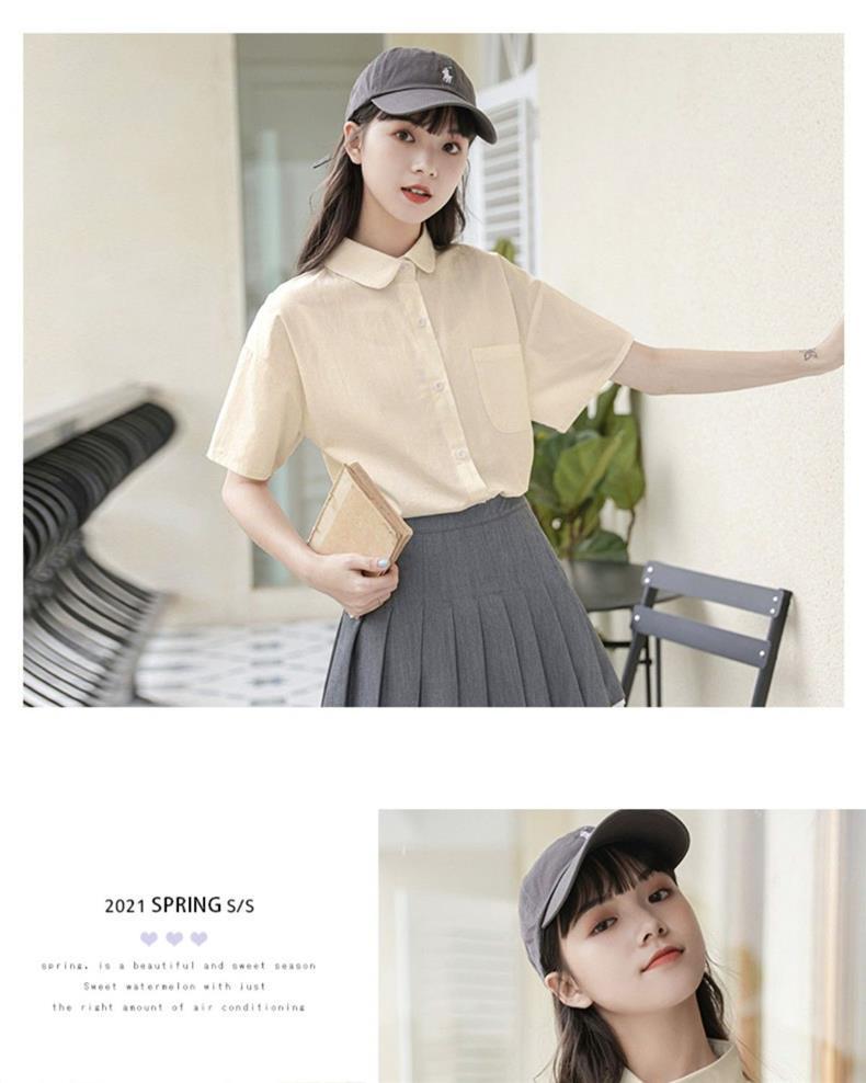 White Women's Summer Japanese Loose-Fit Student Uniform Shirt with Doll Collar Design