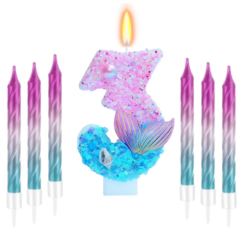 11pcs Mermaid Themed Birthday Candles,Number 0-9 Girls Glitter Birthday Party Supplies,Anniversary Party Decor, Cake Decorations