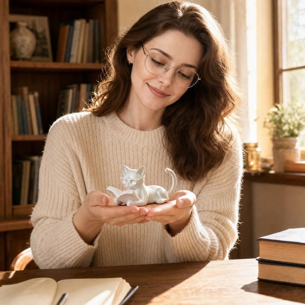 3D Printed Cat Figurine Reading Book Sculpture Modern Decorative Ornament Creative Design for Home Office Desk Decoration and Gift Idea
