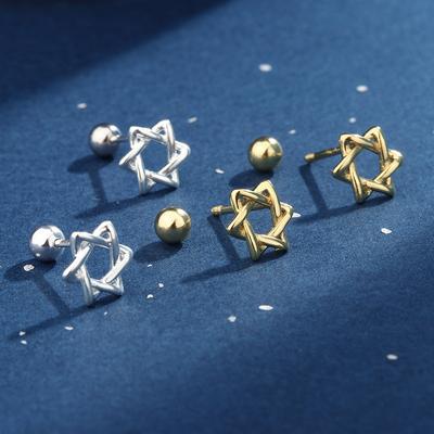  Silver Plated Star Twisted Earrings Hollow Hexagon Star of David Stud Earring Jewelry for Woman Christmas Gifts