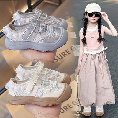 Sandálias de ballet para meninas 2025 verão novo sapatos de rede simples para desporto de lazer infantil sola macia sapatos de princesa para meninas moda