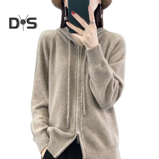 Women Sweater Coat Hooded Drawstring Long Sleeve Double Zippers Knitting Coat Solid Color Loose Fit Jacquard Outwear