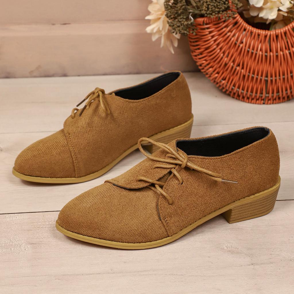 New Women's Single Shoes with Heels Pointed Toe Square Heel Lace-up Shallow Shoes Outdoor Leisure Retro Plus-size Women's Shoes