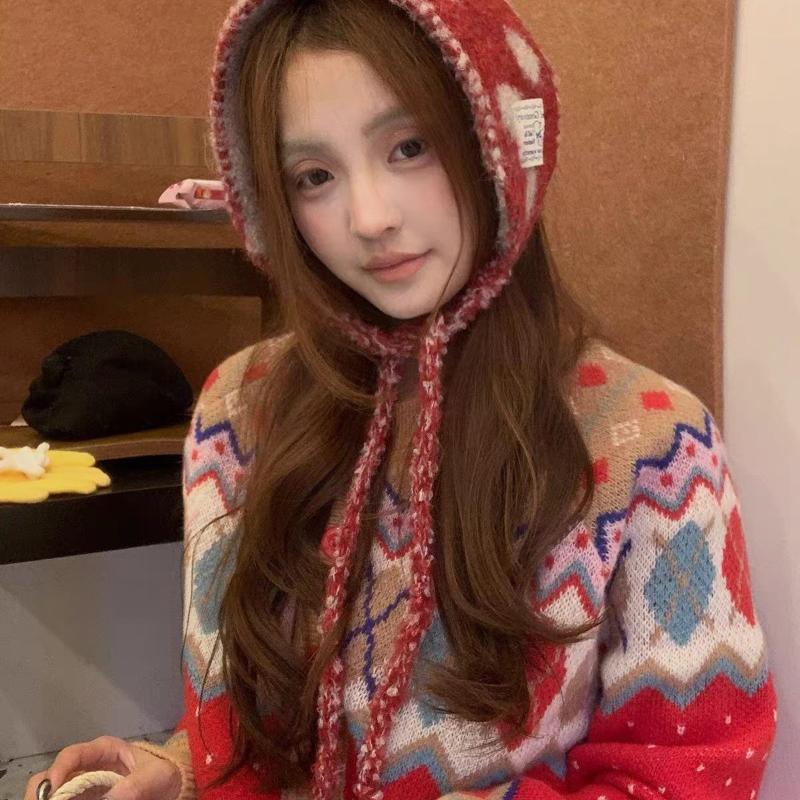 Womens Cute Polka Dot Fuzzy Knit Ear Flap Hat Soft Warm Fabric Adjustable Tie Strings For Winter Daily Wear Outdoor Activities