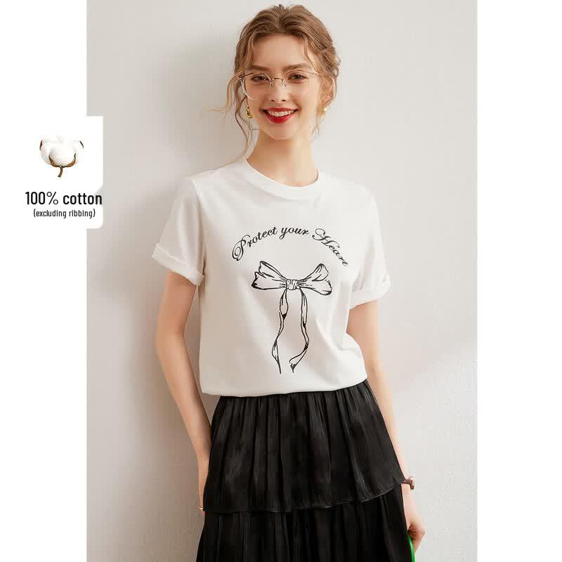 Bailuyu Cotton Letter Butterfly Print Short Sleeve T-Shirt L