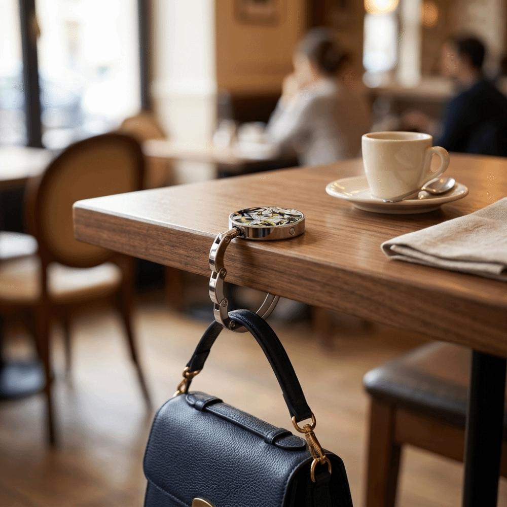 Porta borsa da tavolo con motivo marmorizzato, appendi borsa portatile, design pieghevole, gancio per portamonete, per uso a tavola