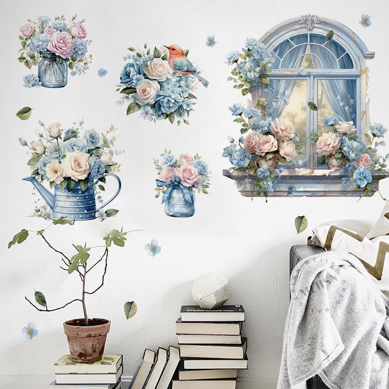 Cartoon Cat Flowers Potted Plants Wall Stickers Fake Windows Warm Bedside Bedroom Decorative Decal Stickers Wallpaper