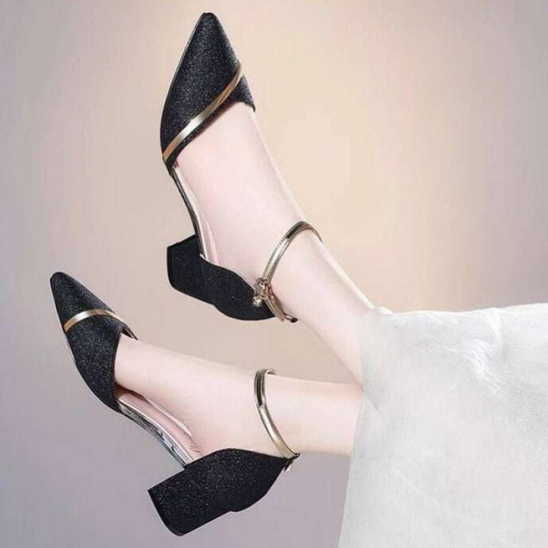 One-word Buckle High Heels Thick Heel Single Shoes Women's 2025 Spring and Autumn New Sequined Wedding Shoes Women's Versatile Single Shoes Bridesmaid